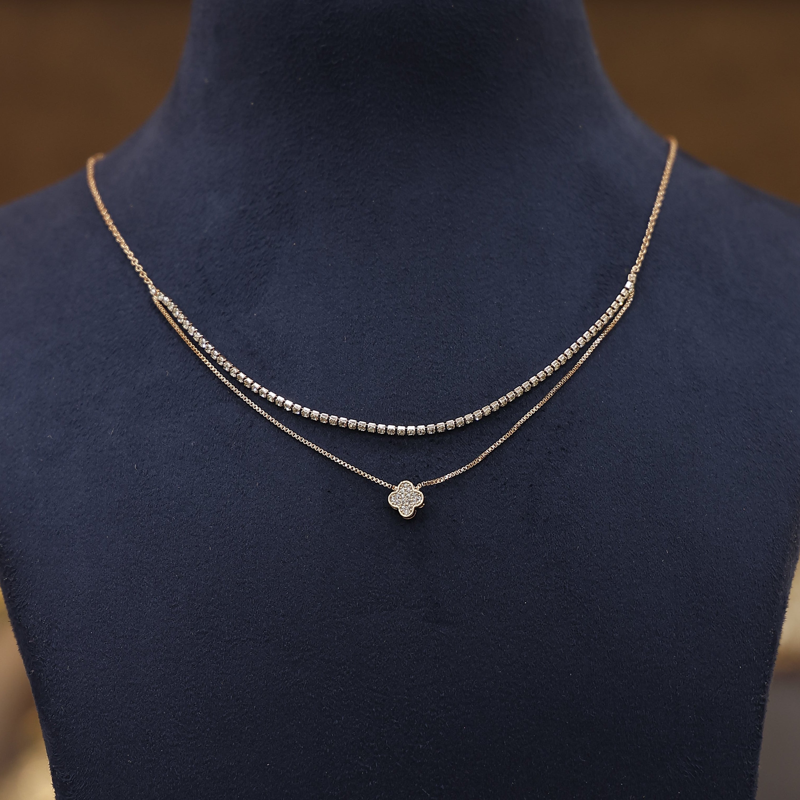 Rose gold clover charm rhinestones chain necklace for women
