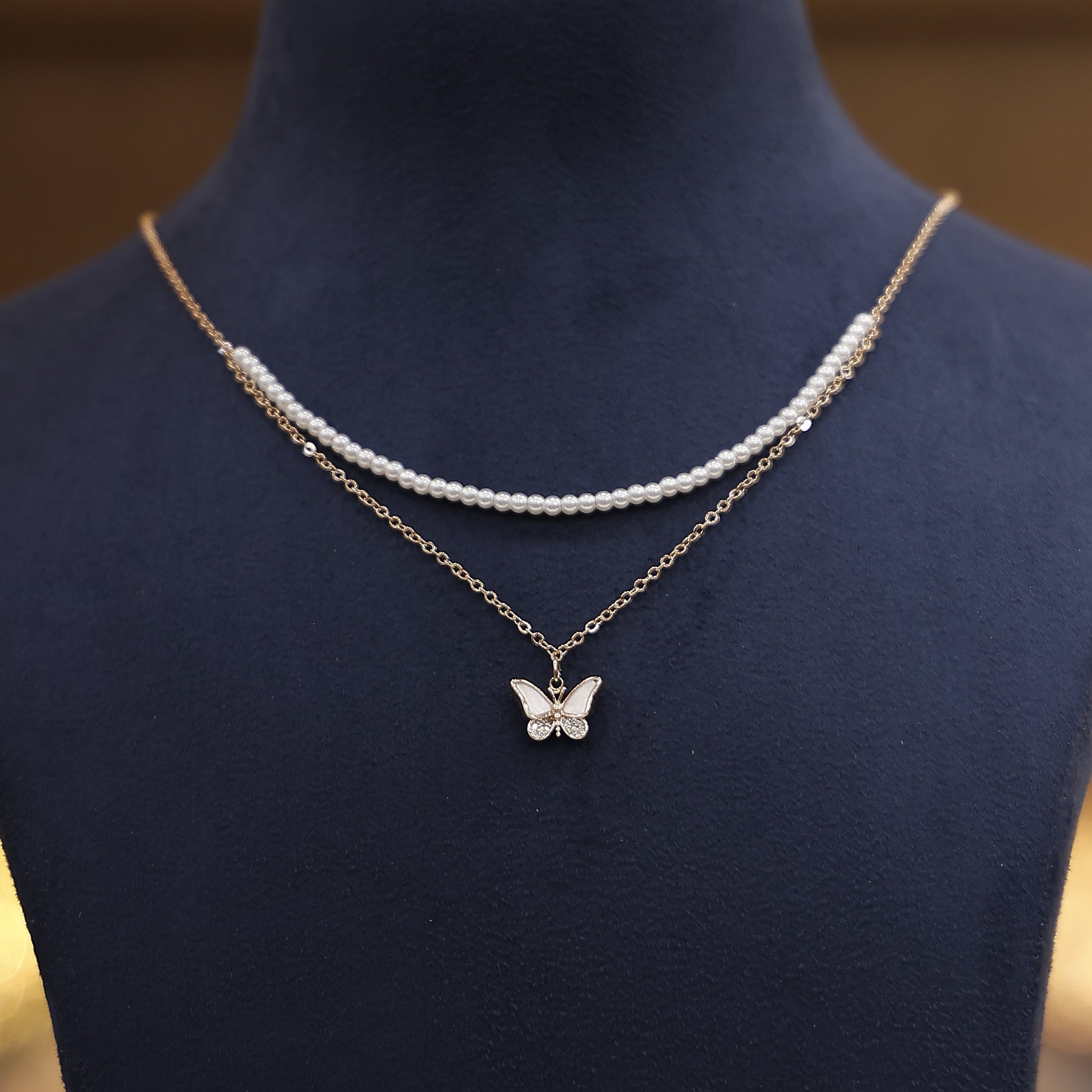 Rose gold butterfly charm white faux chain necklace for women