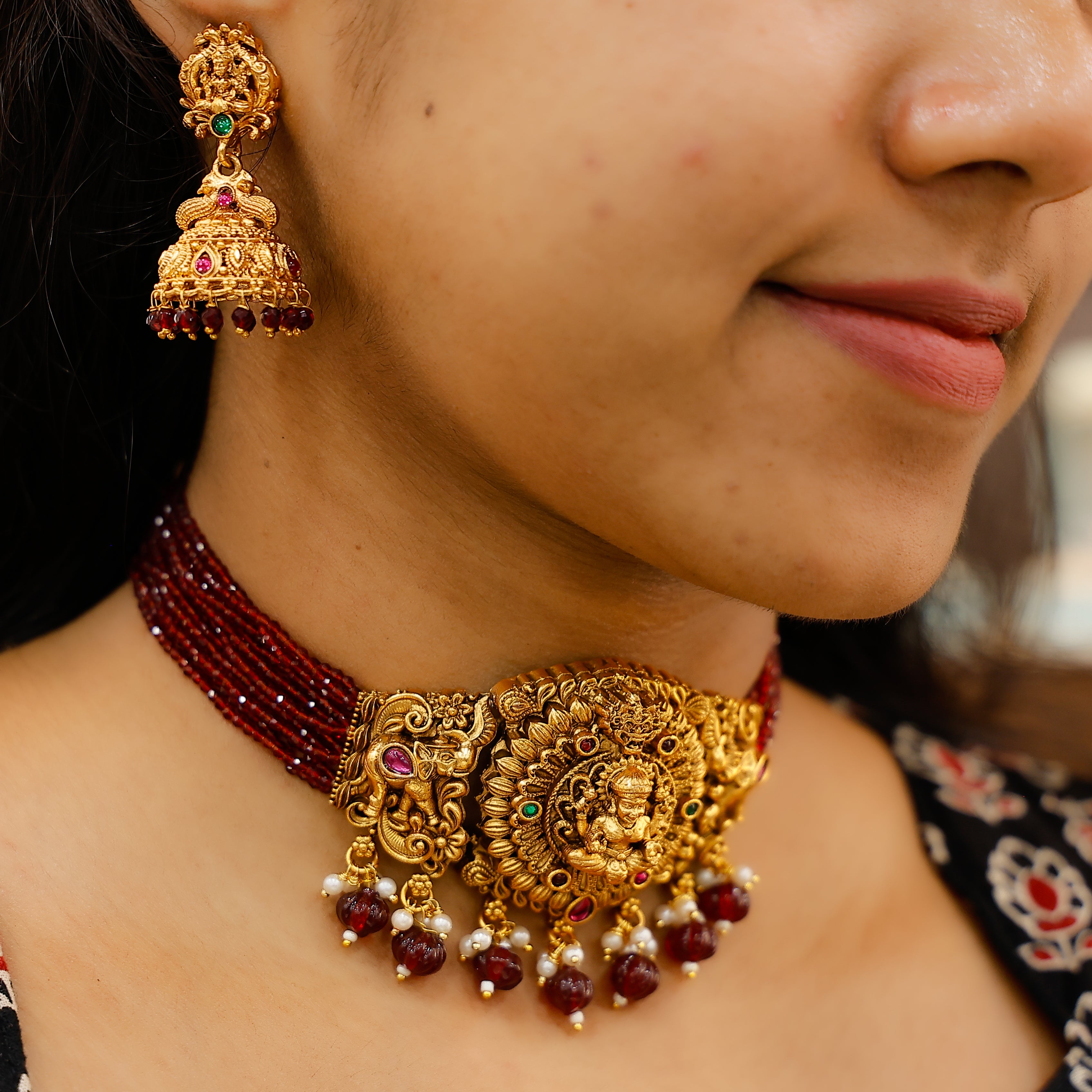 Antique Lakshmi choker necklace with maroon bead detailing