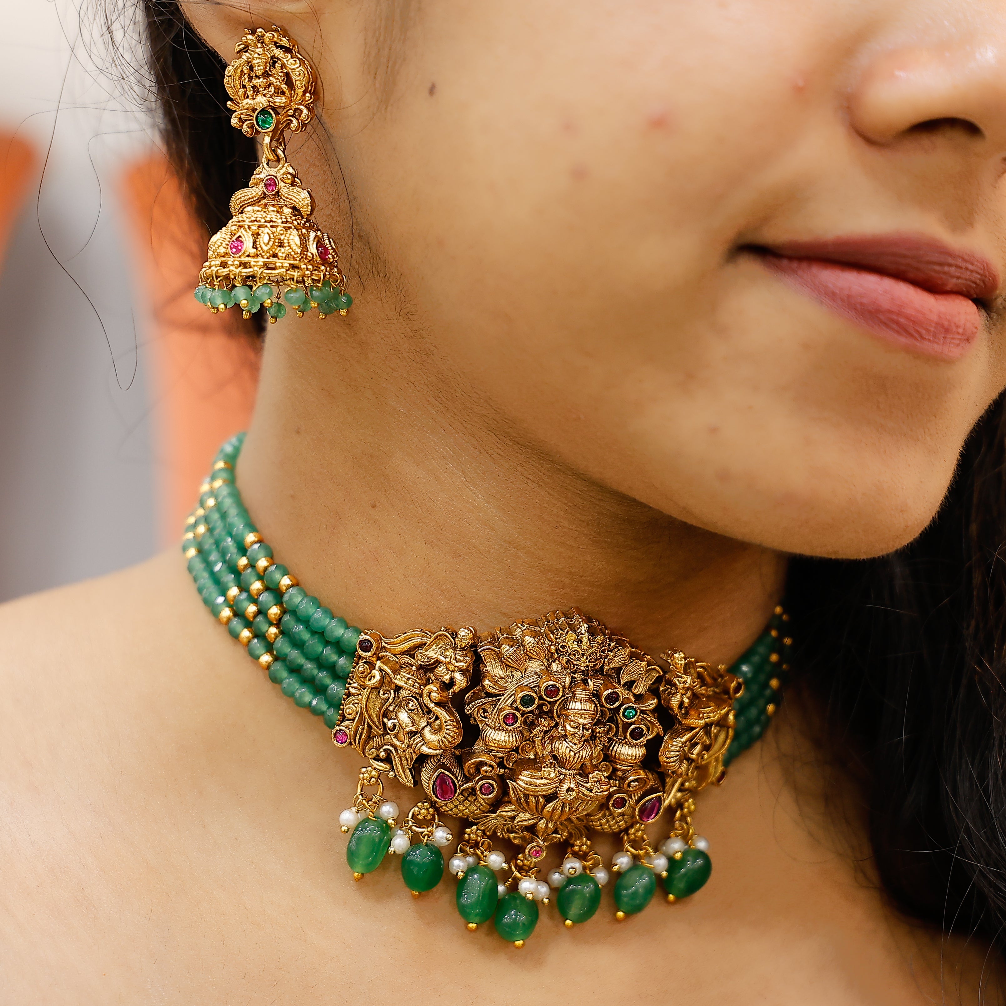 Antique Lakshmi choker necklace with pearl bead detailing