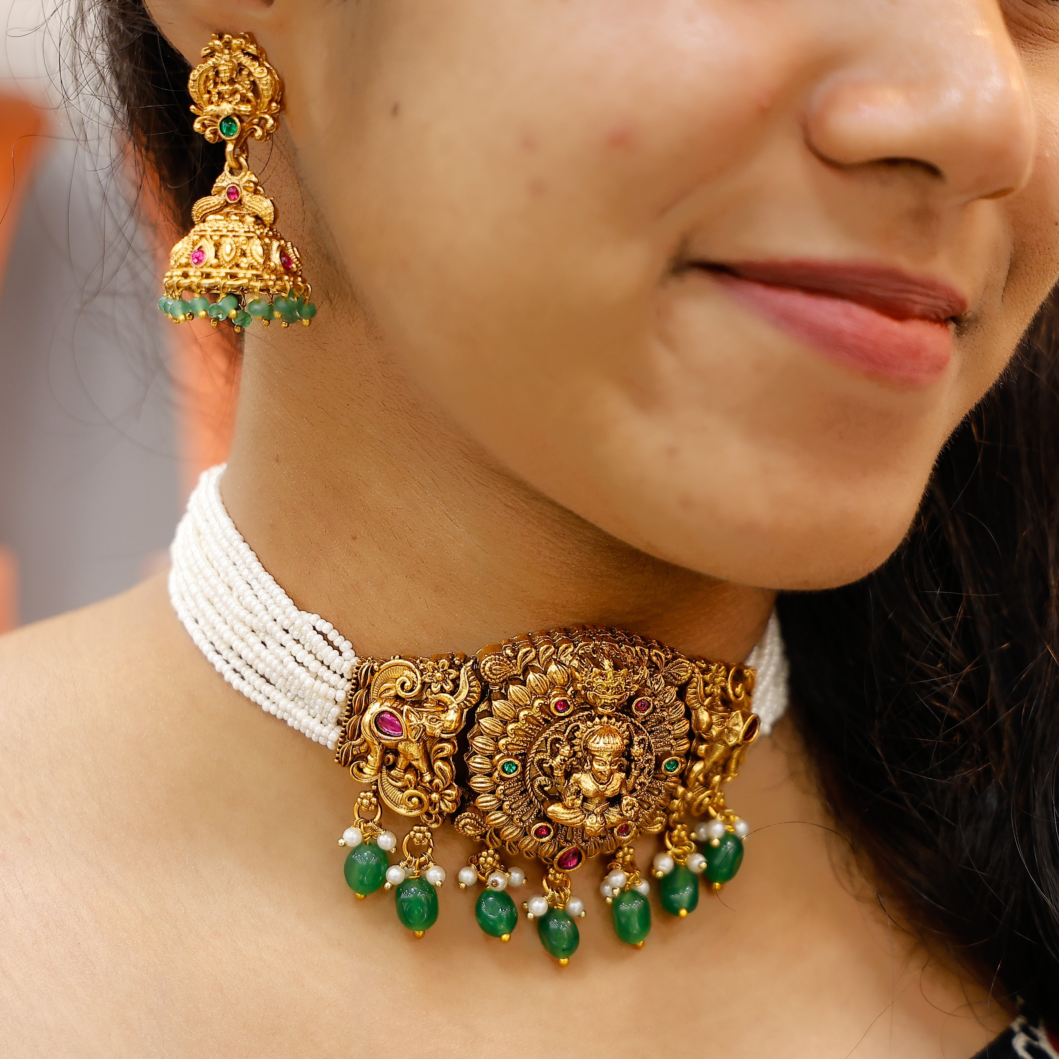 Antique temple jewelry choker with pearl bead detailing