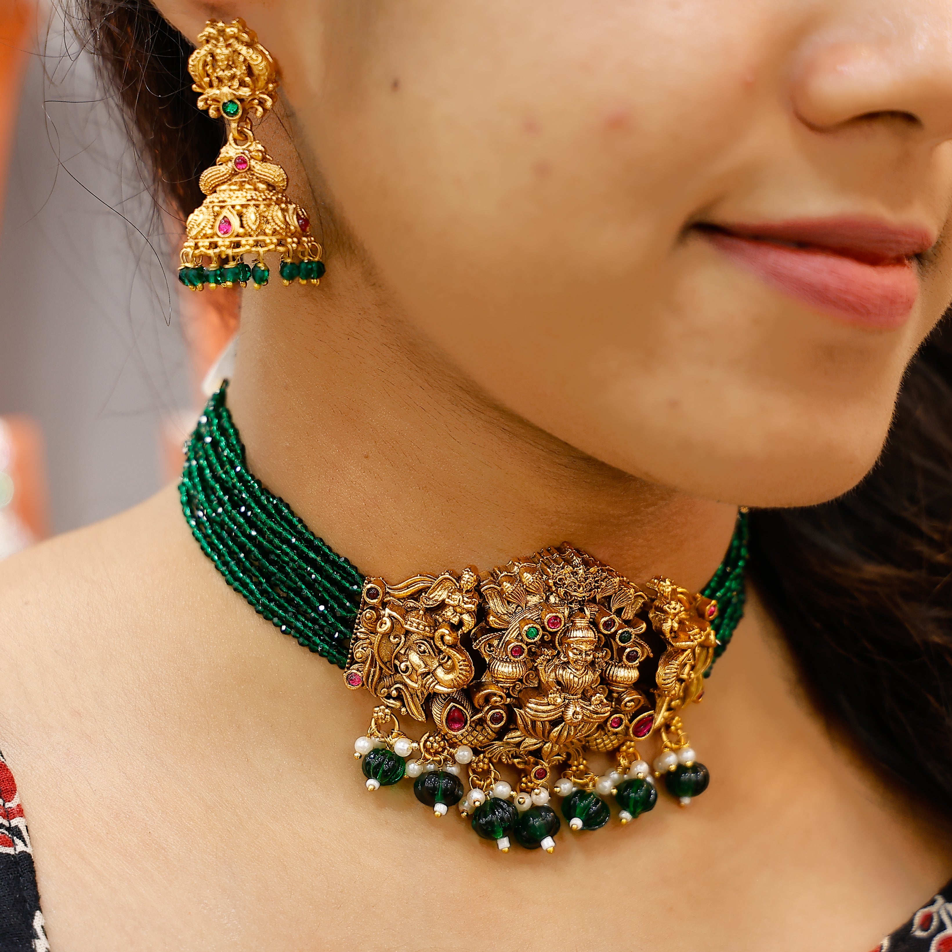 Green Lakshmi Beaded Antique Choker with Earrings | Bridal Temple Jewelry