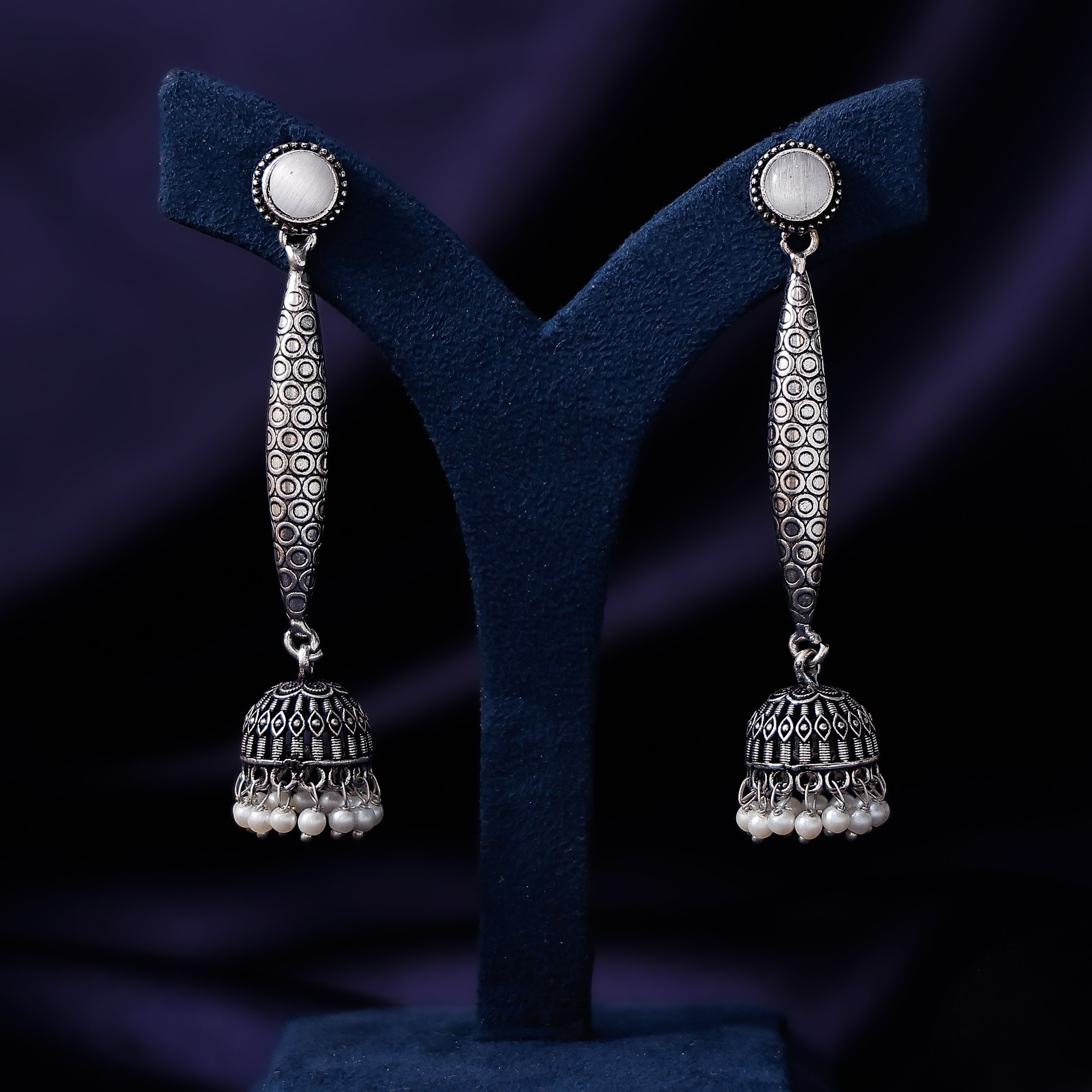 Long oxidised jhumka earrings with intricate detailing