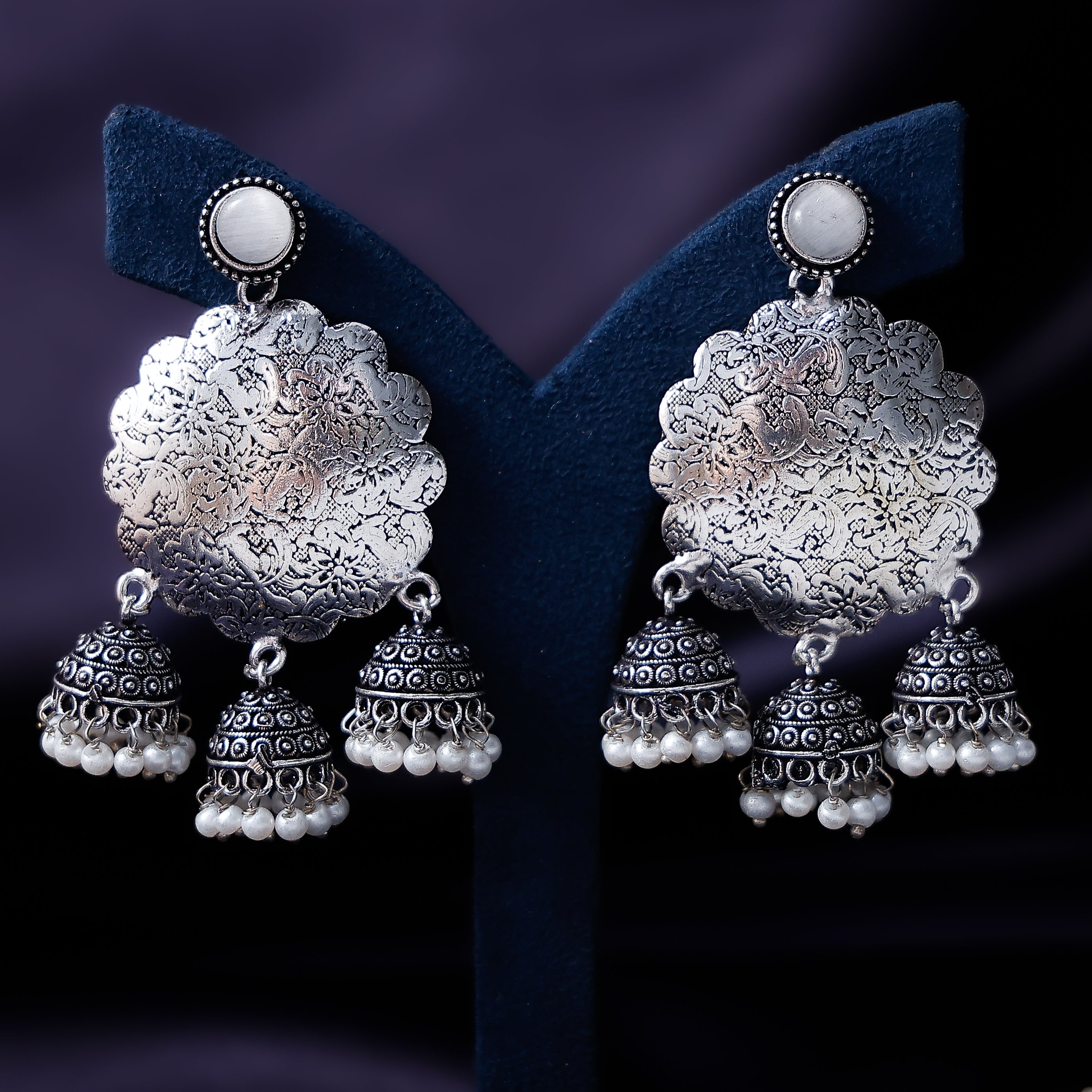 Oxidised silver-plated white jhumka earrings for women