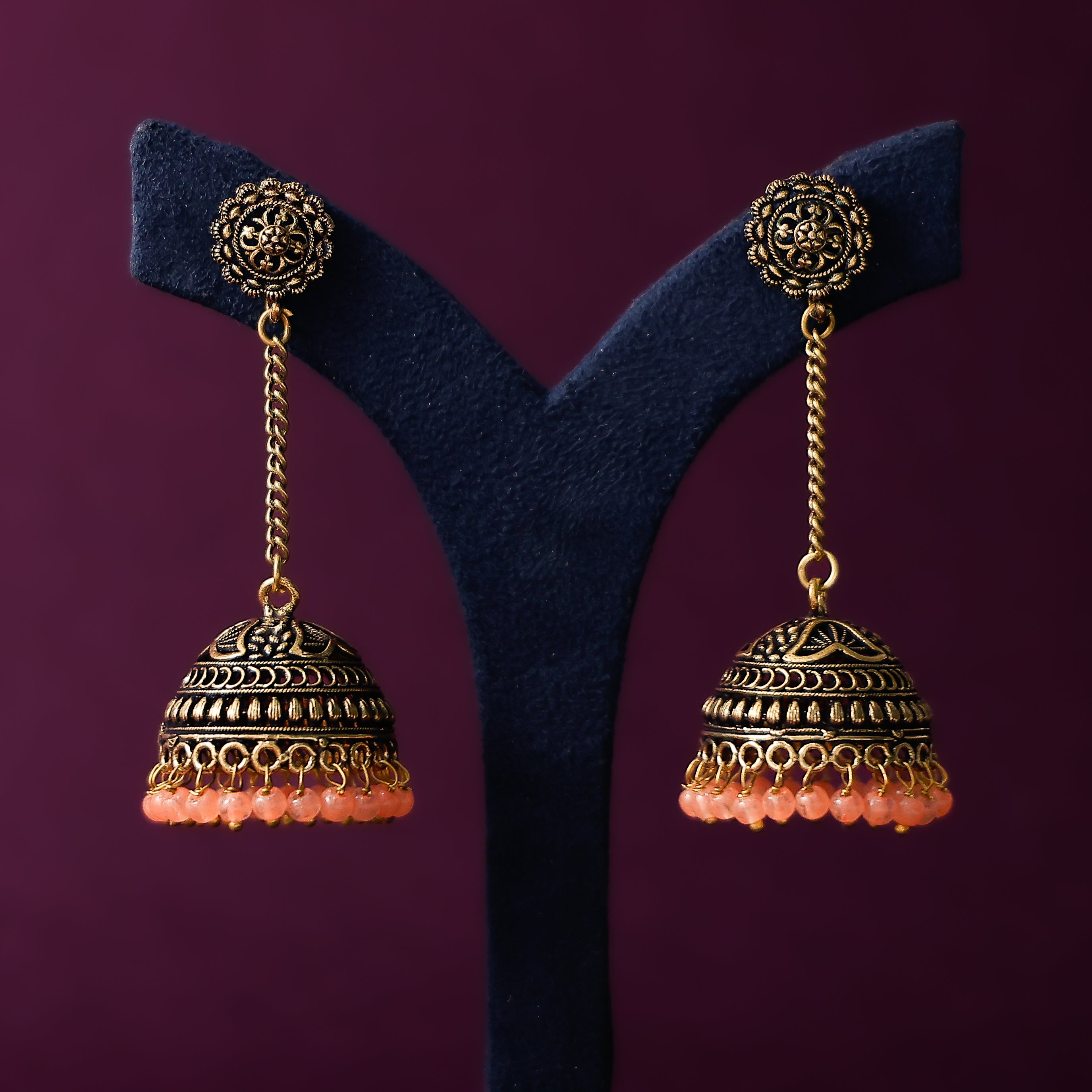 Oxidised gold-plated chain big jhumka earrings for women