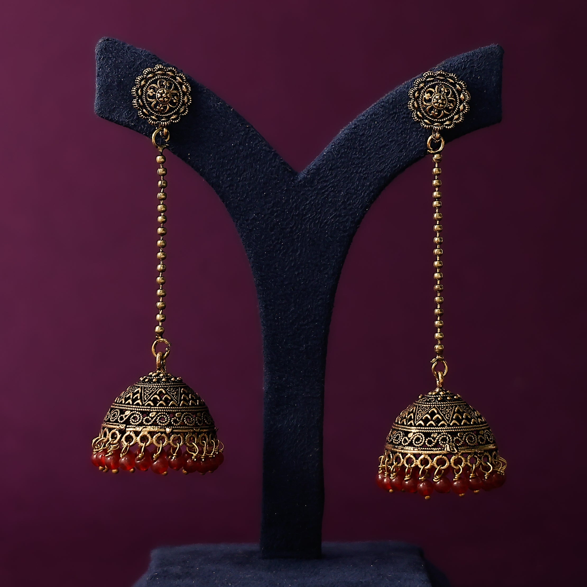 Traditional oxidised jhumka earrings with ear chain