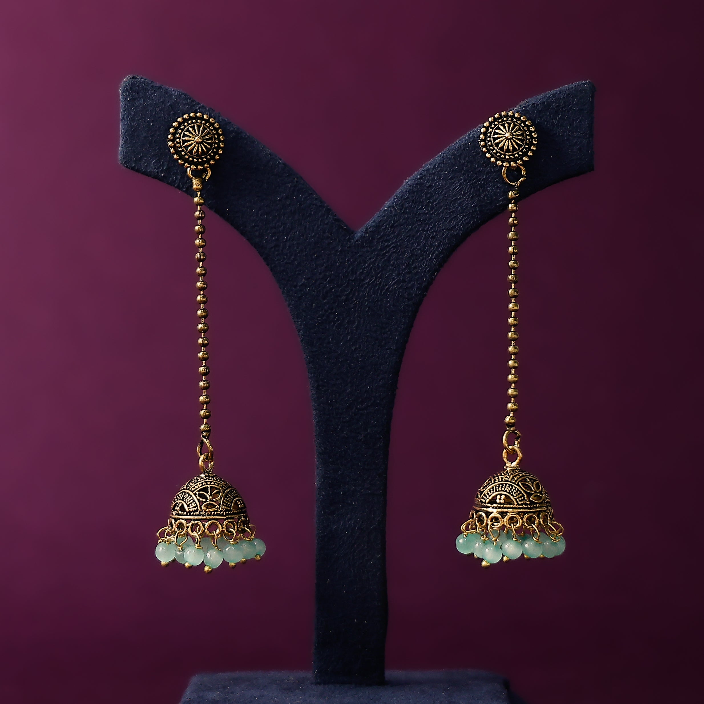 Long oxidised gold-plated small jhumka earrings for women