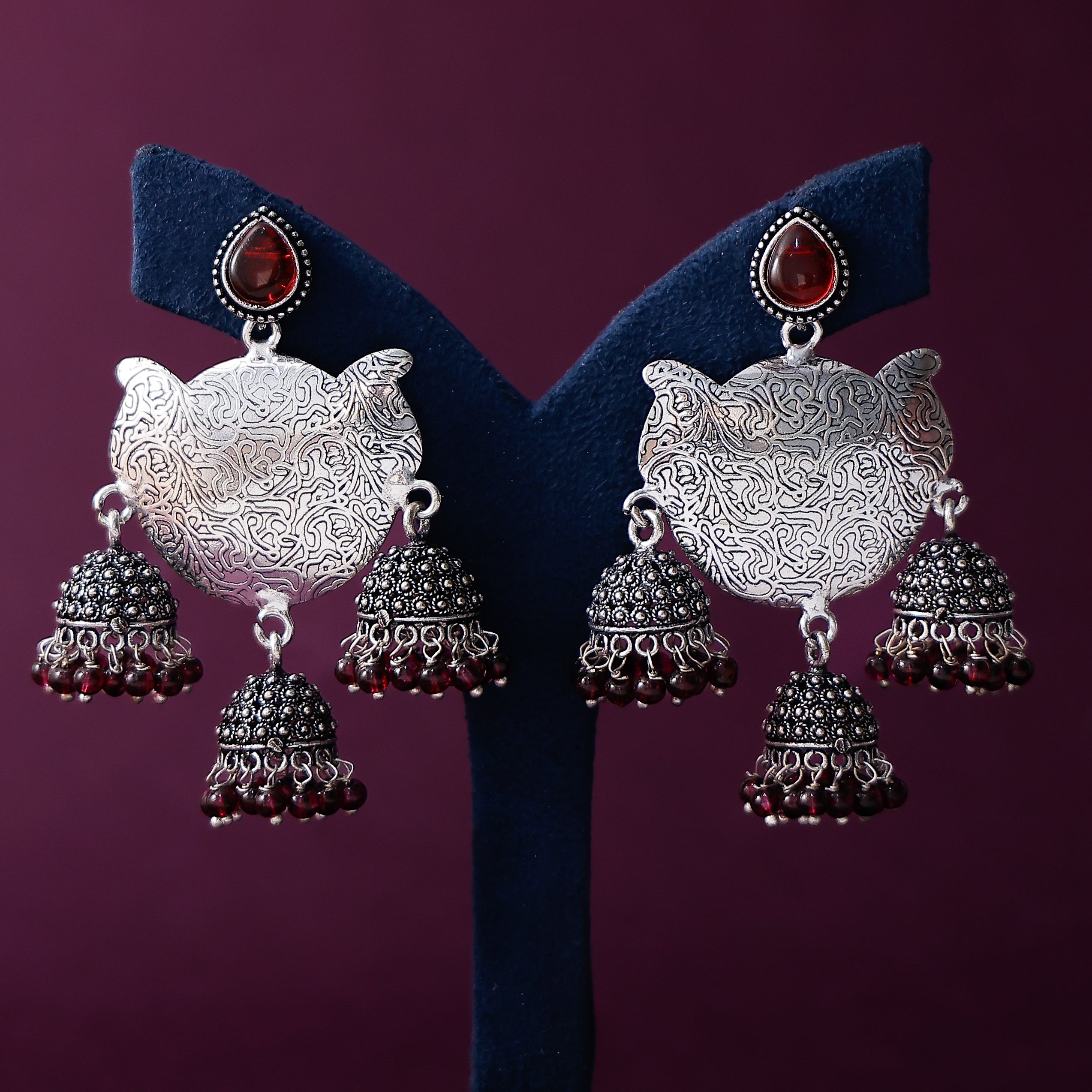 Oxidised silver plated hanging jhumka earrings for women