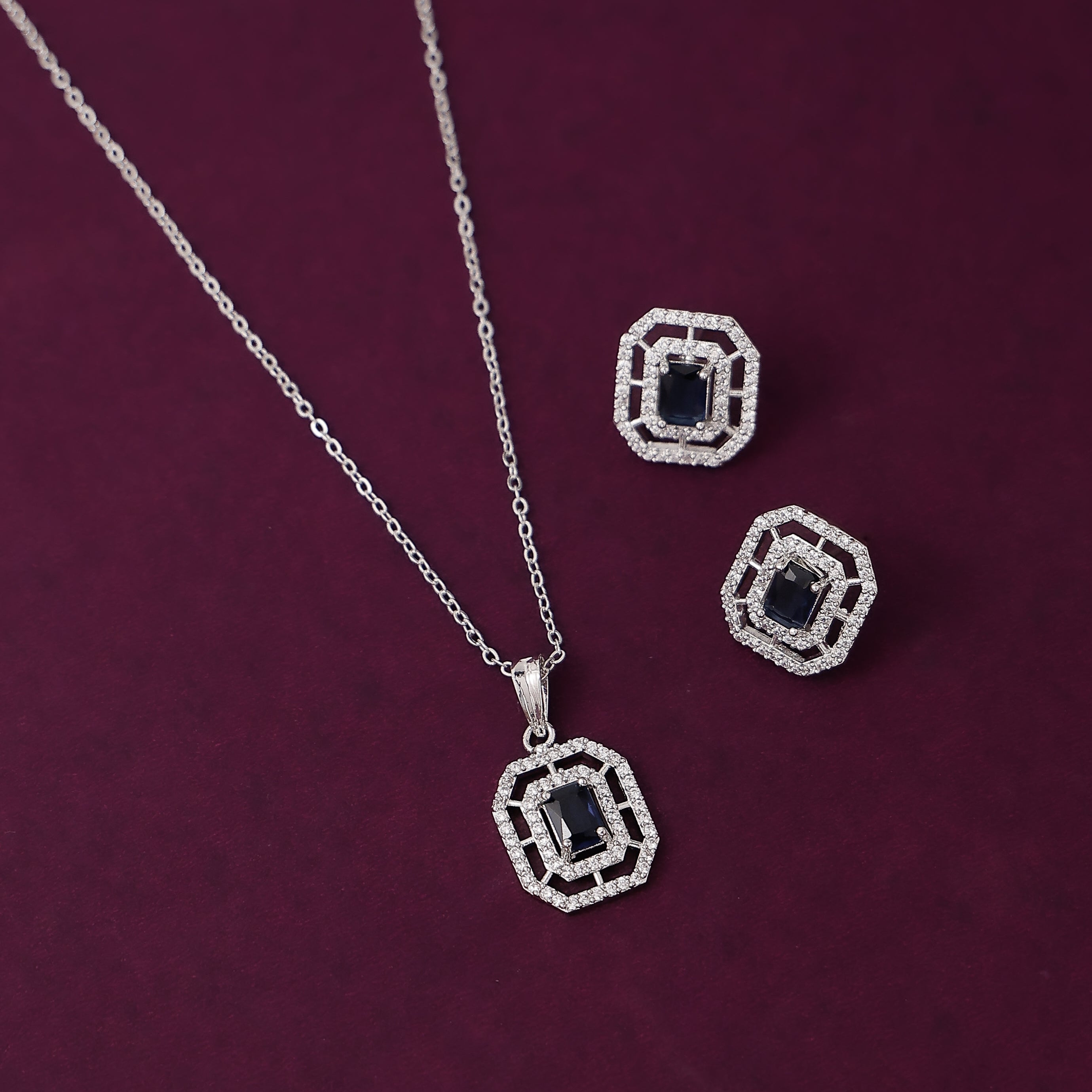 Square Pendant Chain Necklace with Earring