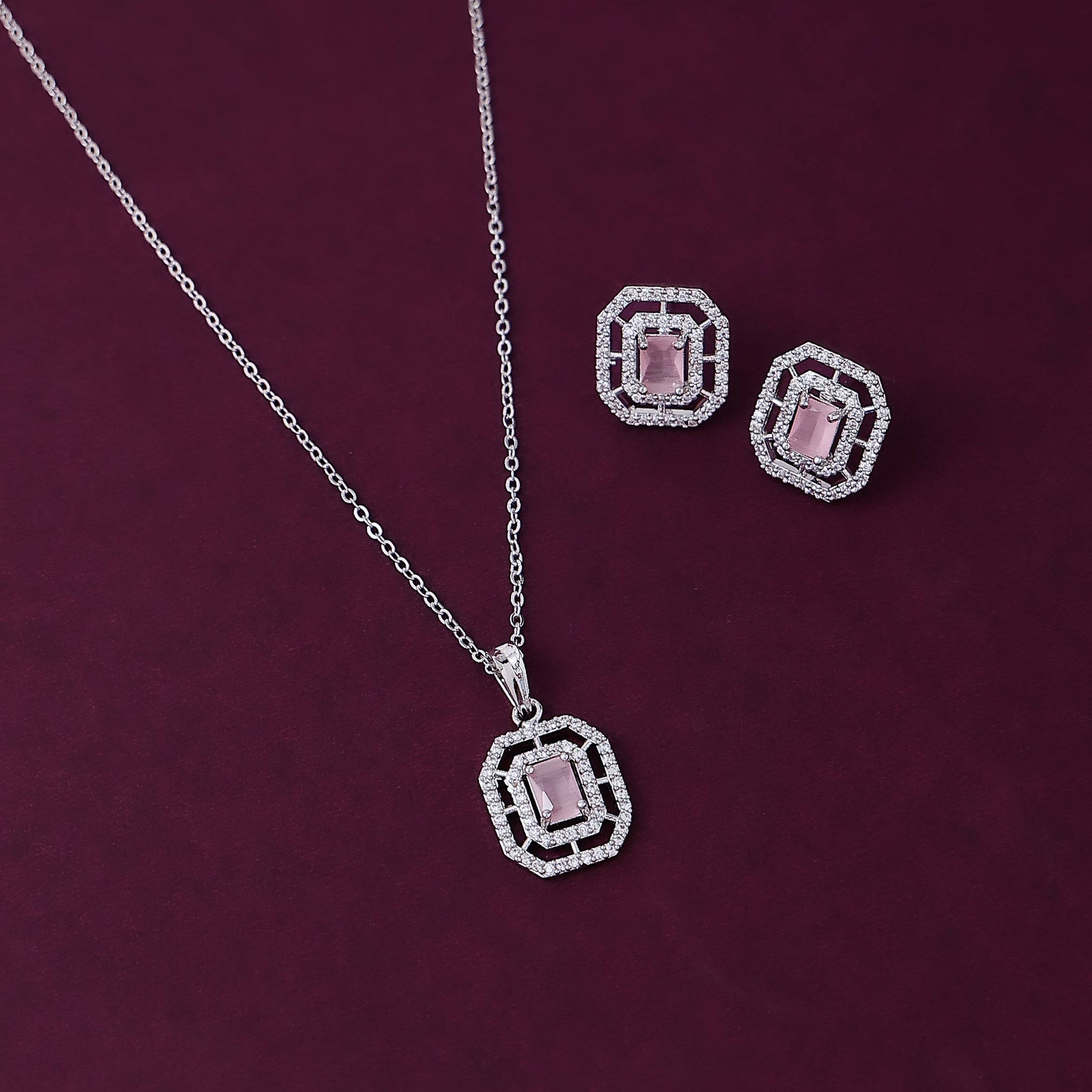 Square Pendant Chain Necklace with Earring