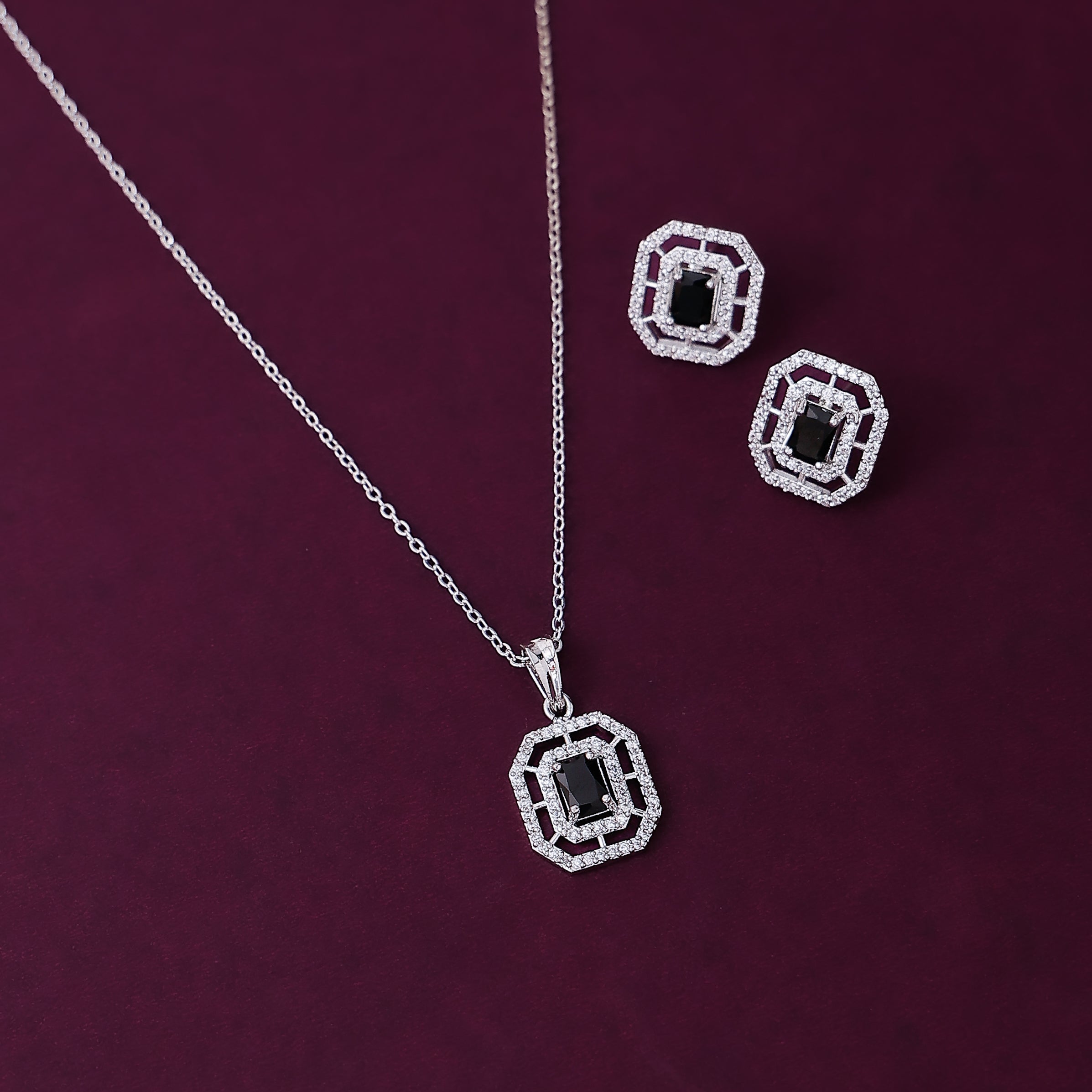 Square Pendant Chain Necklace with Earring