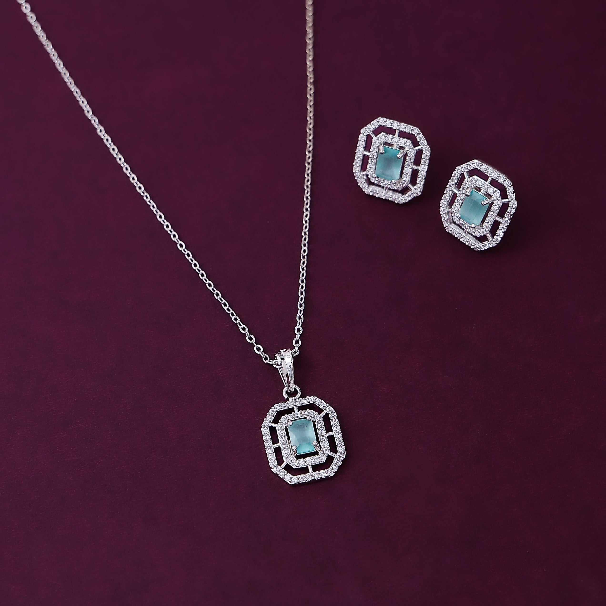 Square Pendant Chain Necklace with Earring