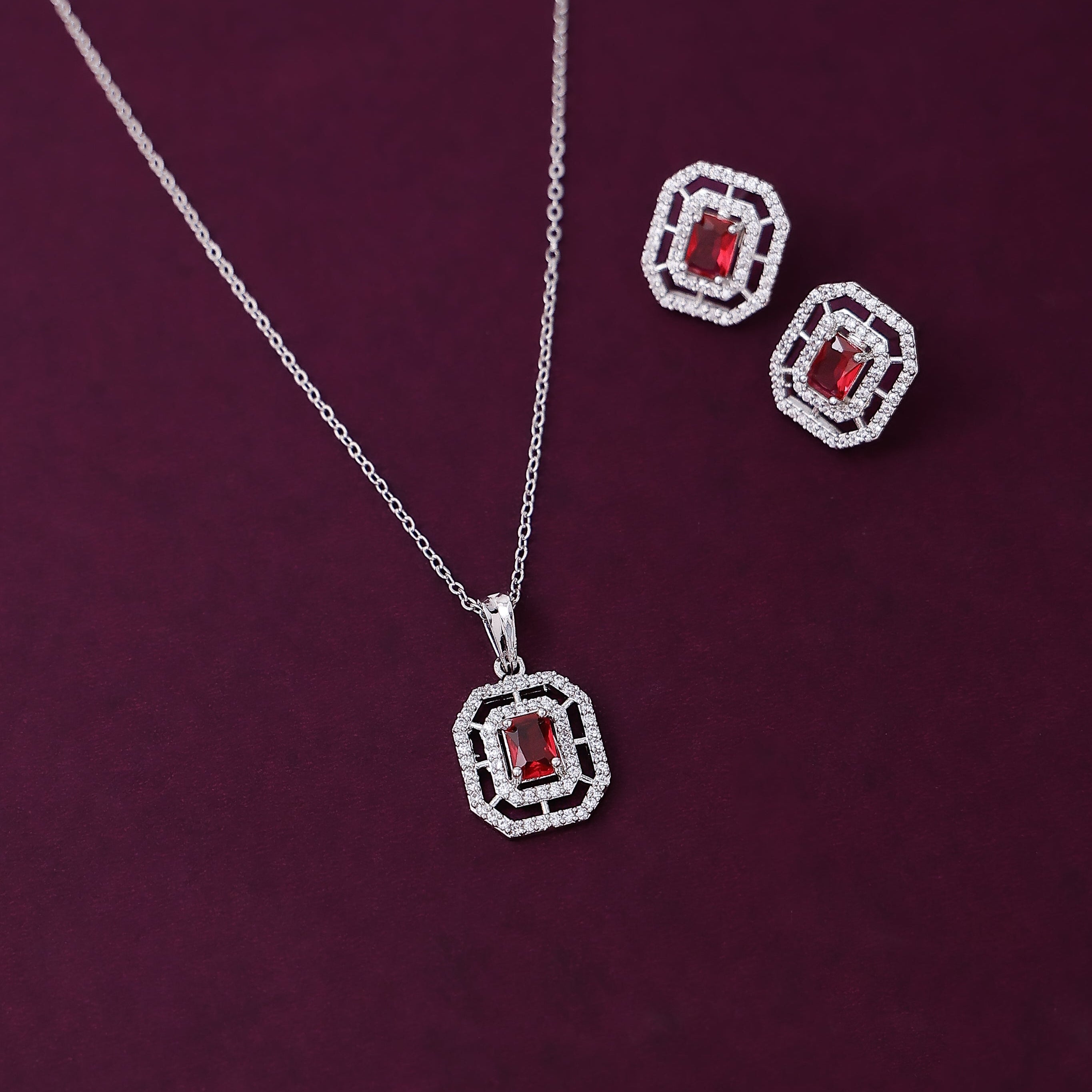 Square Pendant Chain Necklace with Earring