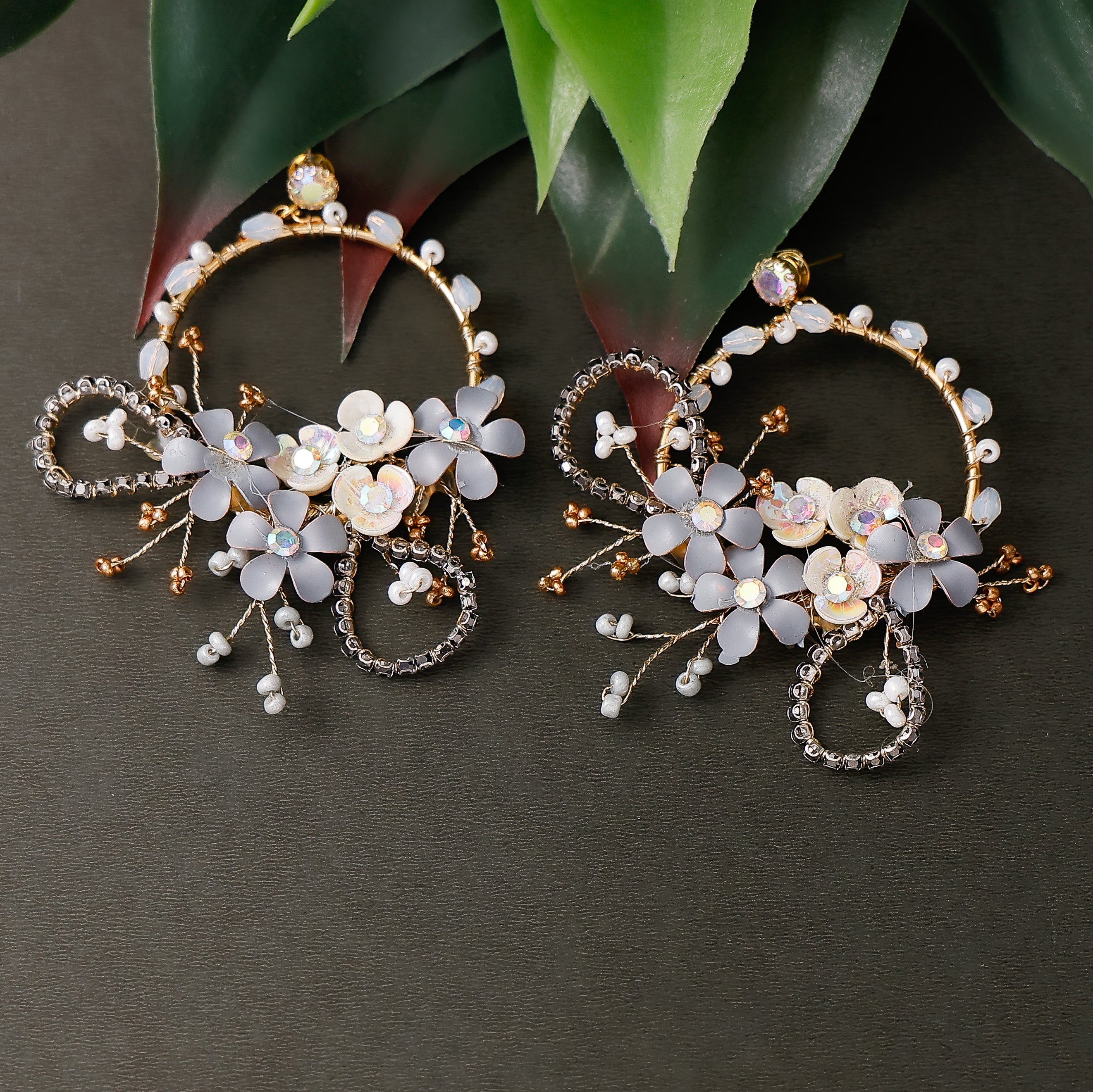 Floral Hexagon Stone Earrings with elegant gold finish and sparkling stones