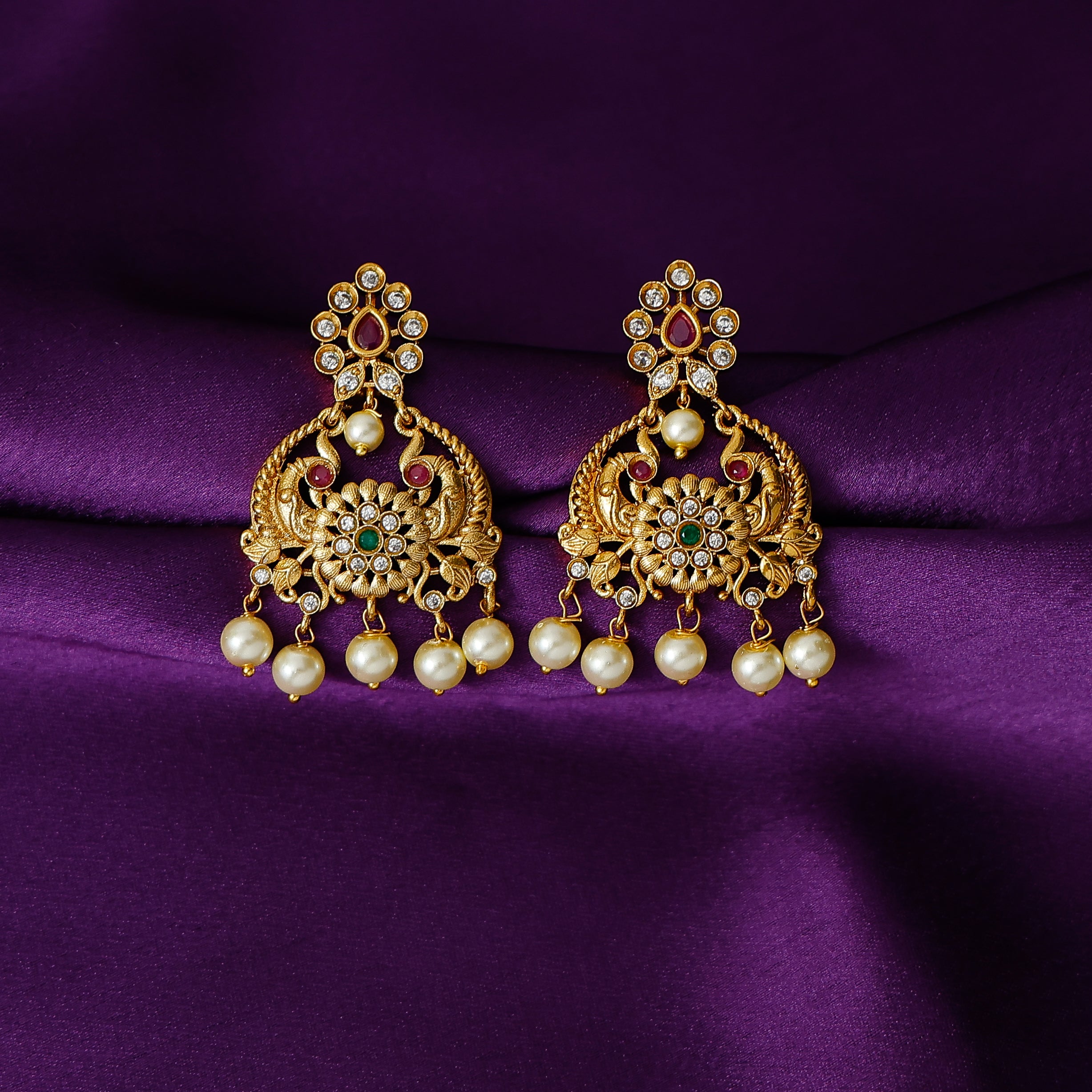Floral Pearl Peacock Dangler Earrings