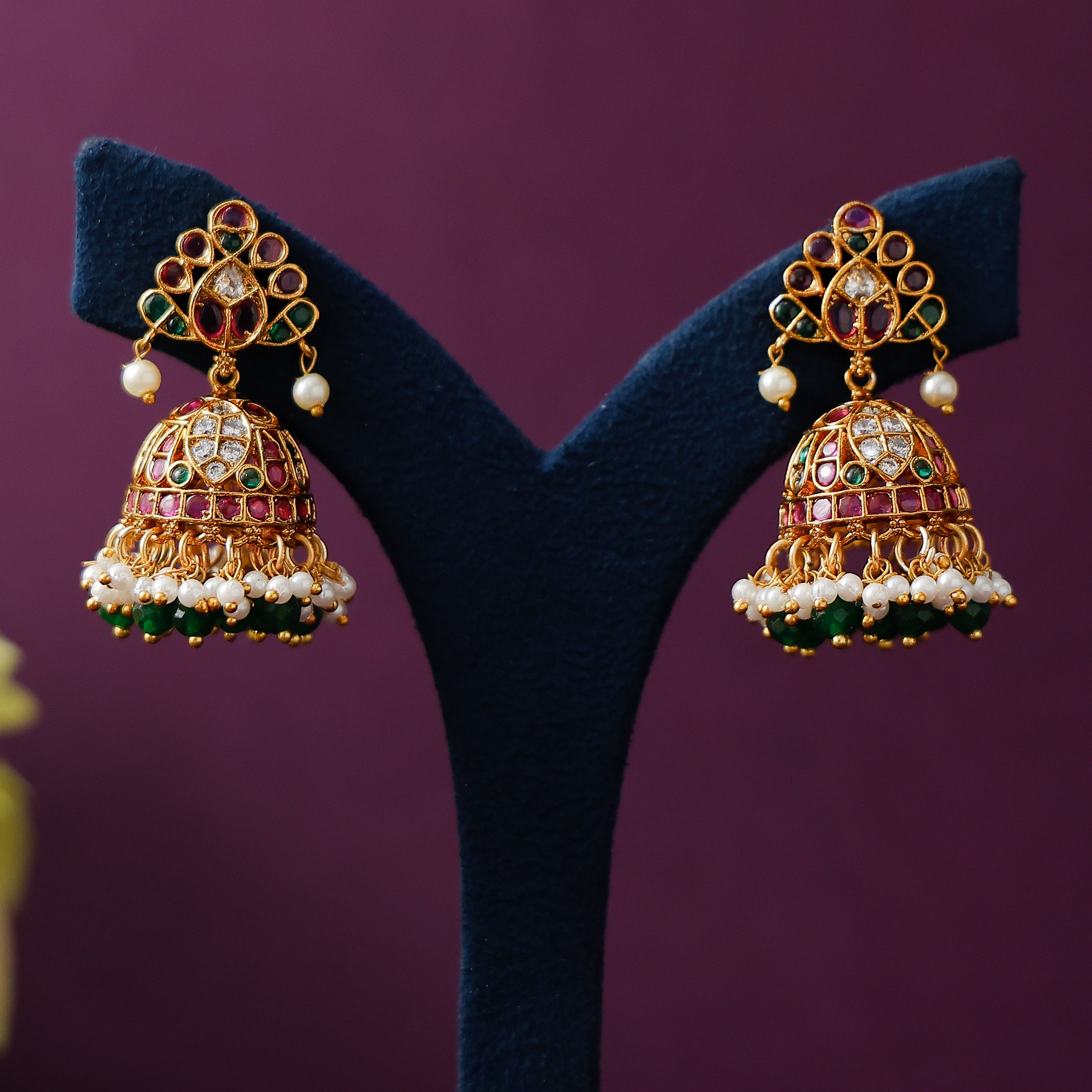 Ruby Green Pearl Jhumka Earrings