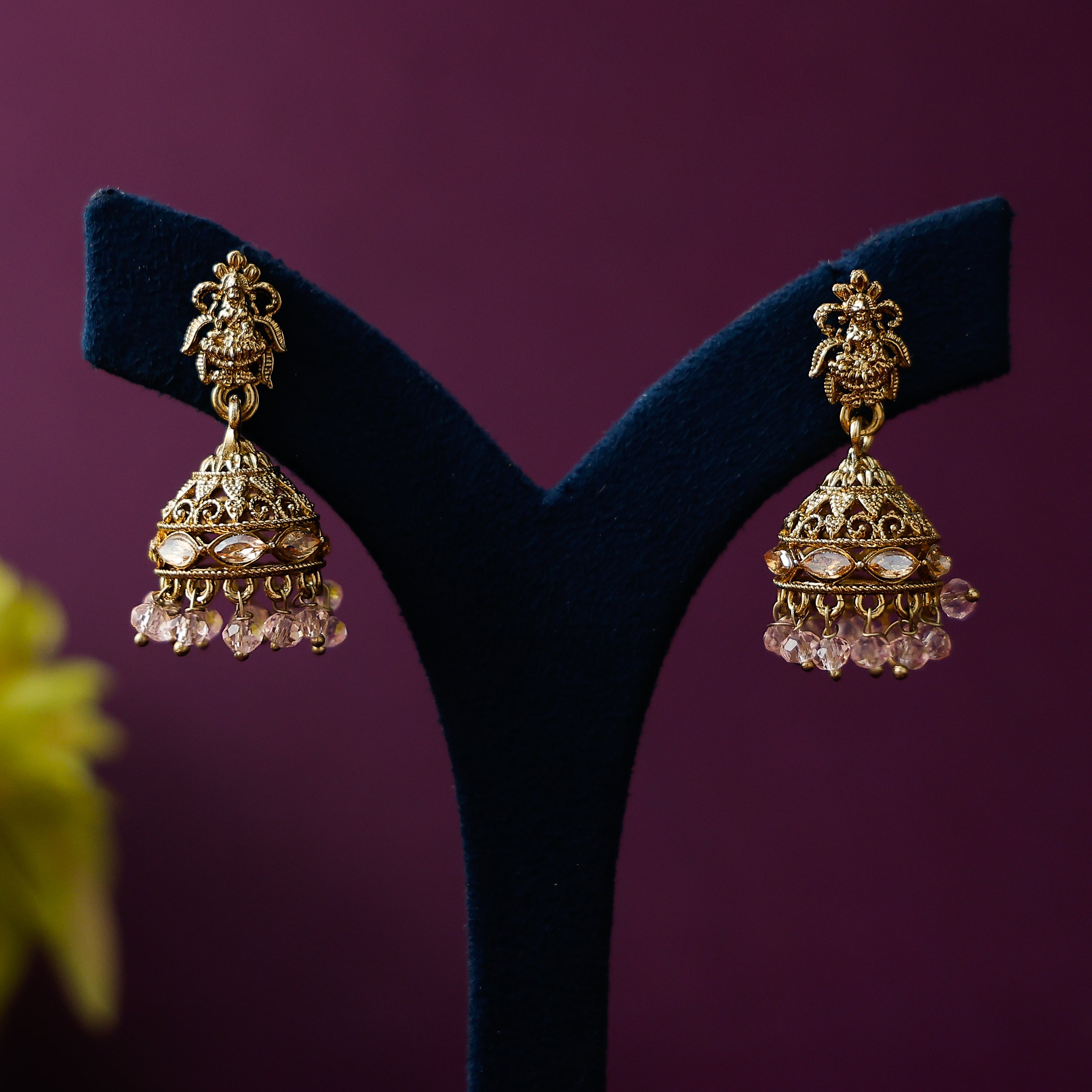 Devi Pink Jhumkas with traditional temple jewellery detailing