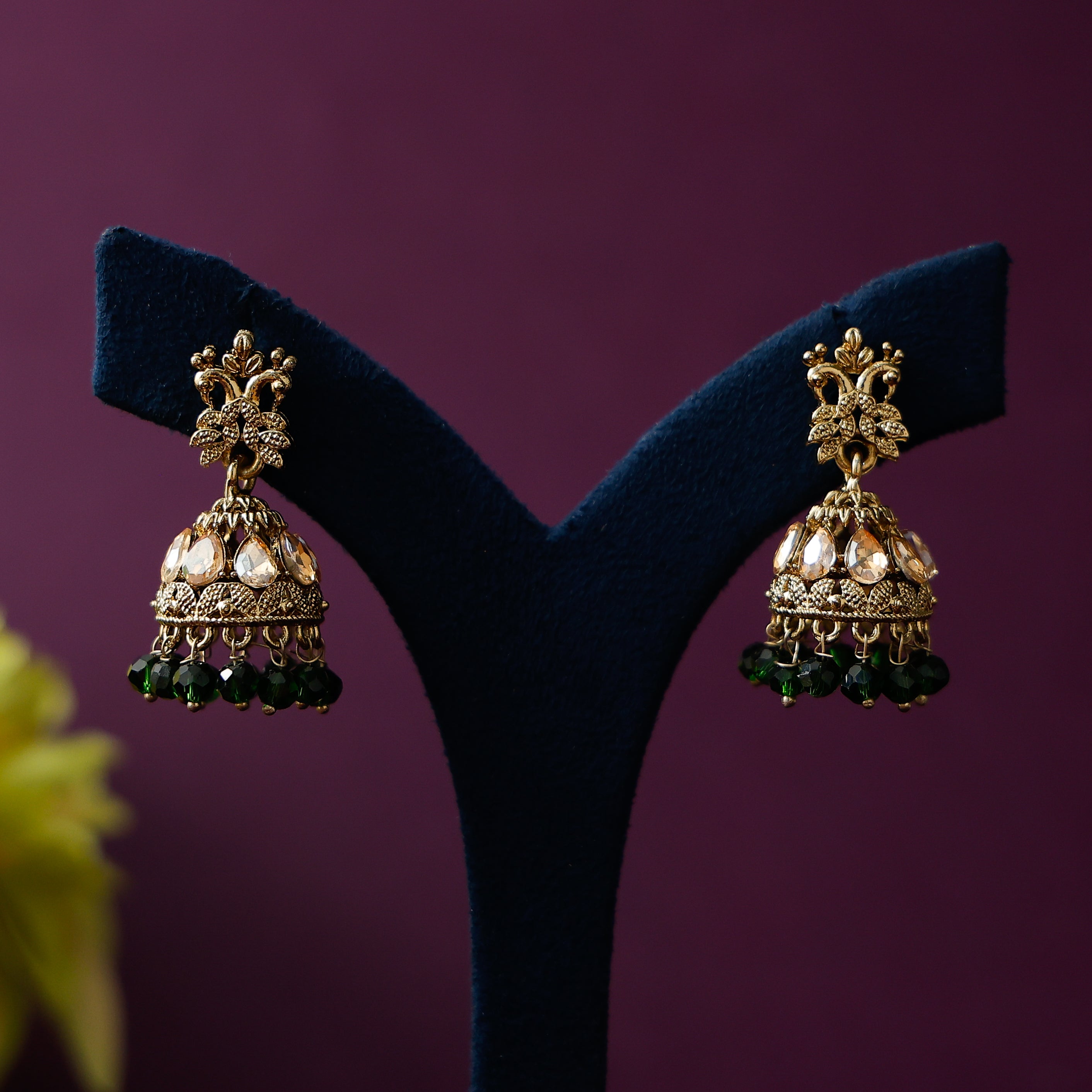 Traditional temple jhumka earrings with stone and bead accents