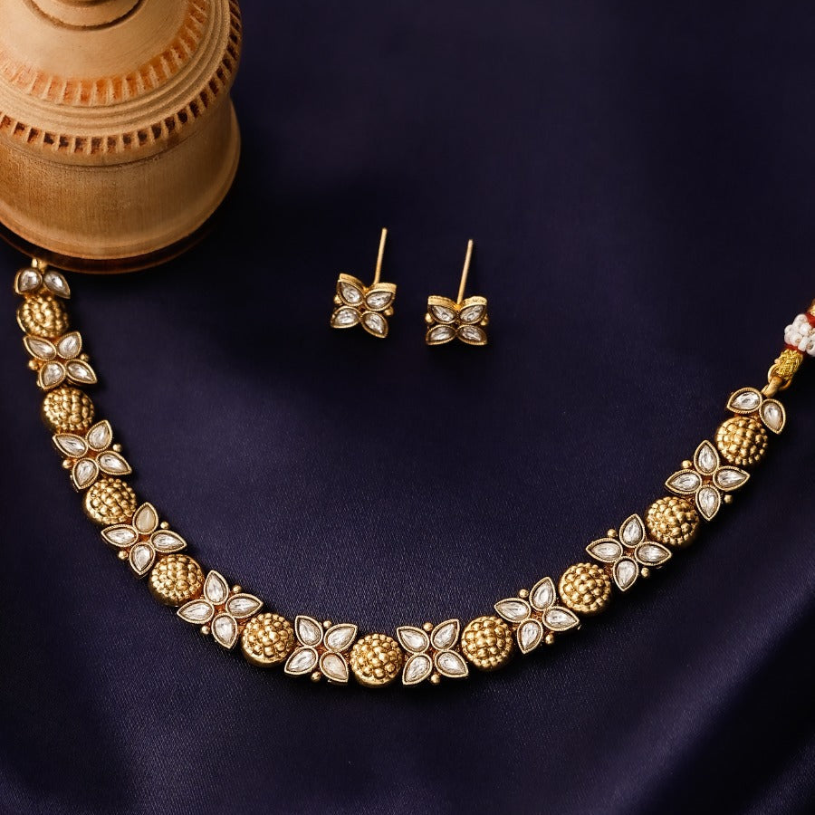Floral Kundan Necklace with Matching Earrings for Women