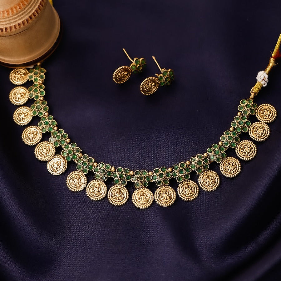 Pushpa Coin Devi short neckpiece with matching temple earrings